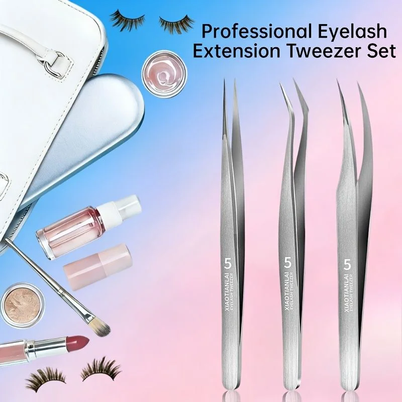 Eyelash Extension For Men - 3本セット ステンレス製 グラデーション眉毛用ピンセット。先端が斜めに尖っており、収納ボックス付き。美容院でのまつげエクステ施術や、男性・女性へのギフトに最適。